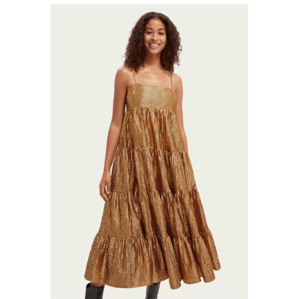 SCOTCH & SODA METALLIC SEERSUCKER PINAFORE MAXI DRESS COPPER